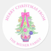 Watercolor Hot Pink Bows Weihnachtsginger Jar Runder Aufkleber (Vorderseite)