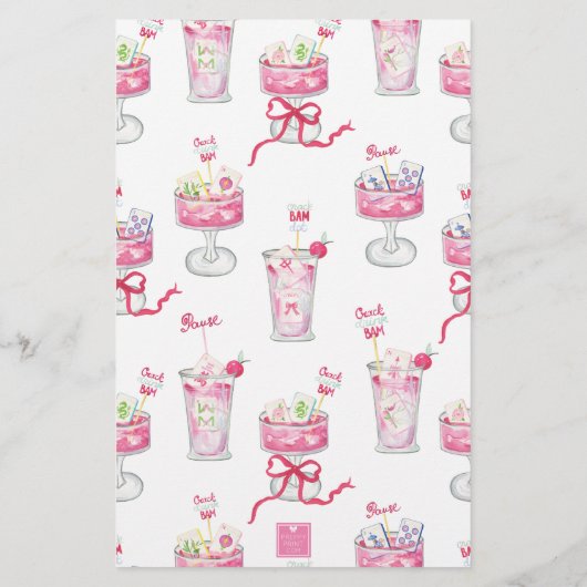 Watercolor Hot Pink Mahjong Cocktails Briefpapier (Rückseite)