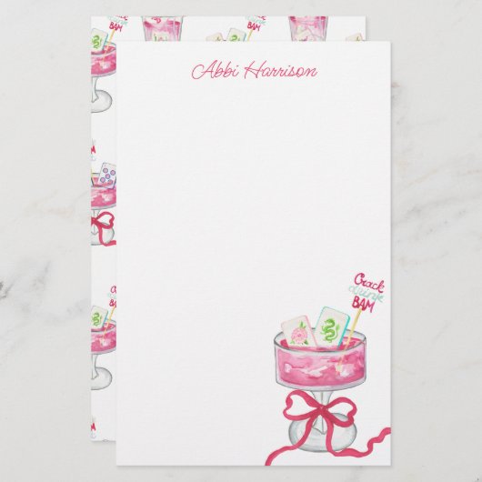 Watercolor Hot Pink Mahjong Cocktails Briefpapier (Vorne/Hinten)