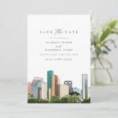 Watercolor Houston Texas Skyline Save the Date Einladung (Stehend Vorderseite)