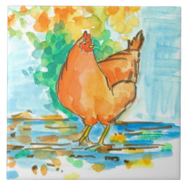 Watercolor Huhn Hen Autumn Leaves Fliese