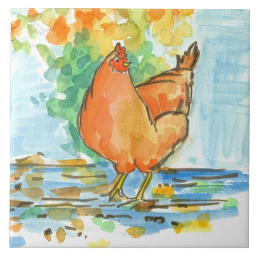 Watercolor Huhn Hen Autumn Leaves Fliese (Vorderseite)