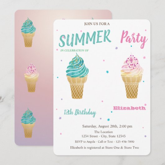 Watercolor Ice Creme Stars Geburtstag Einladung (Vorne/Hinten)