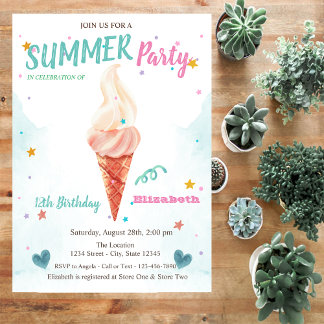 Watercolor Ice Creme Stars Sommer Geburtstag Einladung