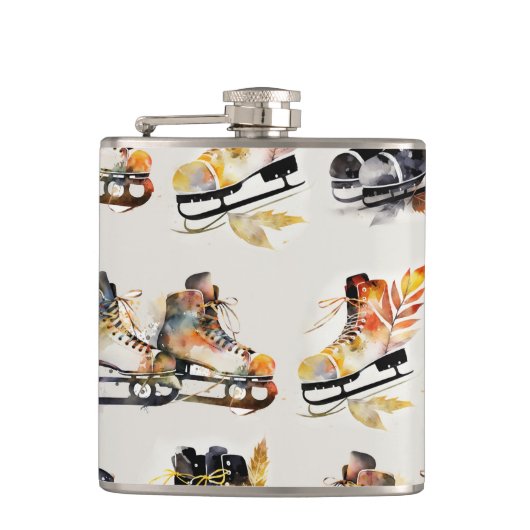 Watercolor Ice Skates with Autumn Leaves Pattern   Flachmann (Vorderseite)