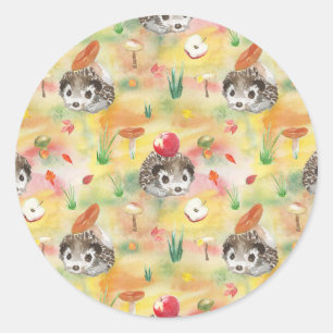 Watercolor-Igel mit Pilzen und Apfel Runder Aufkleber