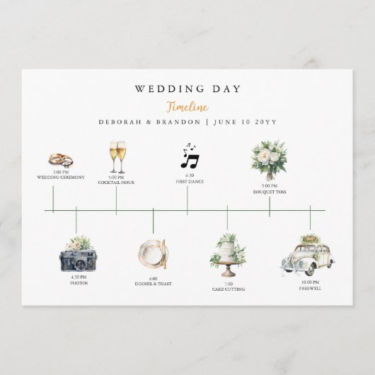Watercolor Illustrated Wedding day Timeline  Programm (Vorderseite)