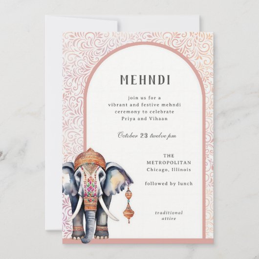 Watercolor Indian Wedding Elephant Mehndi Einladung (Vorderseite)