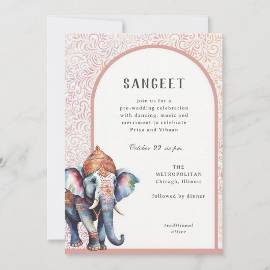 Watercolor Indian Wedding Elephant Sangeet Einladung (Vorderseite)