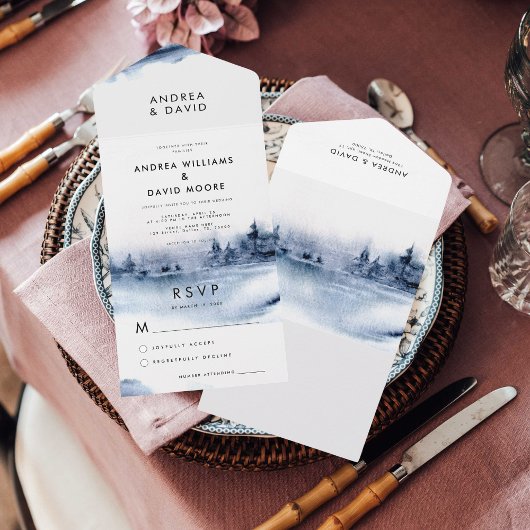 Watercolor Indigo Winterwald Landschaft Hochzeit All In One Einladung