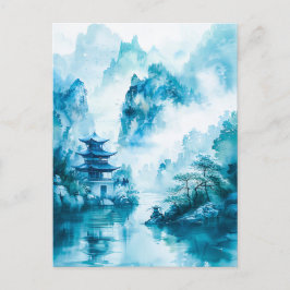 Watercolor ink of Chinese landscape on a lake Postkarte
