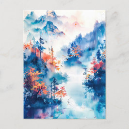 Watercolor ink of Chinese landscape on a lake Postkarte