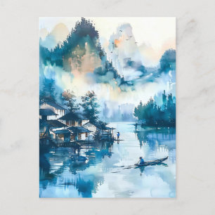Watercolor ink of Chinese landscape on a lake Postkarte
