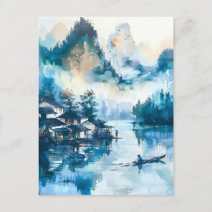 Watercolor ink of Chinese landscape on a lake Postkarte