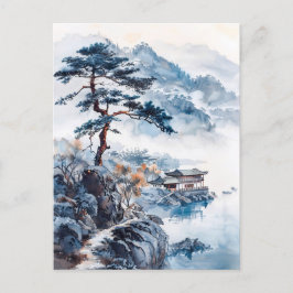 Watercolor ink of Chinese landscape on a lake Postkarte