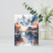 Watercolor ink of chinese template on lake. postkarte (Stehend Vorderseite)
