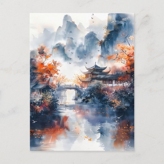 Watercolor ink of chinese template on lake. postkarte (Vorderseite)