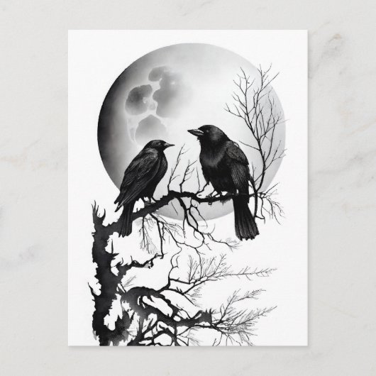 Watercolor ink of Odins raven sitting on twigs Postkarte (Vorderseite)