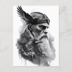 Watercolor ink pencil of norther god Odin. Postkarte