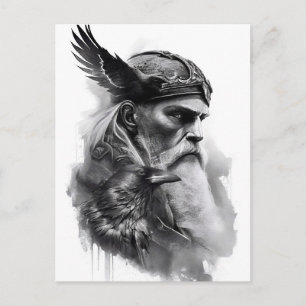 Watercolor ink pencil of norther god Odin. Postkarte