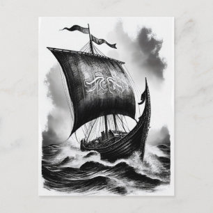 Watercolor ink pencil of Viking dragon ship Postkarte