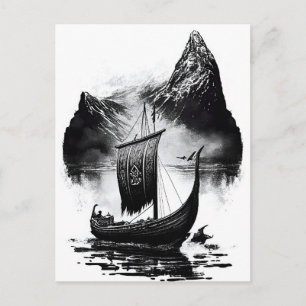 Watercolor ink pencil of Viking dragon ship. Sail Postkarte
