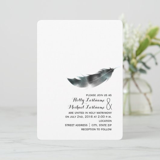 Watercolor-inspirierte Feder-Hochzeit - Schwarzes Einladung (Stehend Vorderseite)