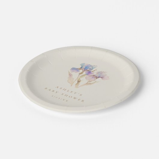 Watercolor Iris Baby Dusche Pappteller (Schrägansicht)