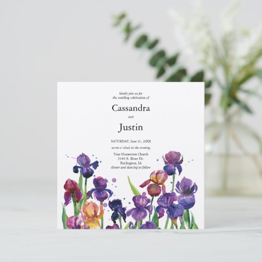 Watercolor Iris Wedding Einladung (Stehend Vorderseite)