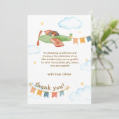 Watercolor It's A Boy Bear Airplane Baby Shower Dankeskarte (Stehend Vorderseite)