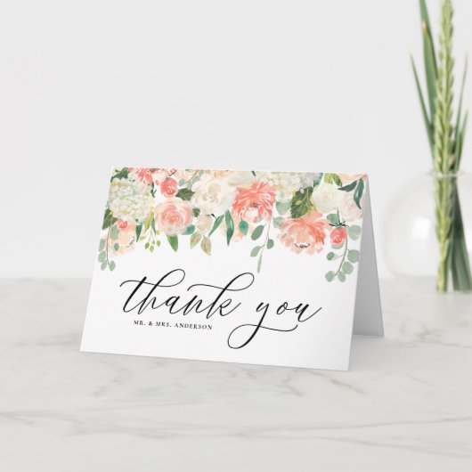 Watercolor Ivory Peach Peony and Hydrangea Wedding Dankeskarte (Vorderseite)
