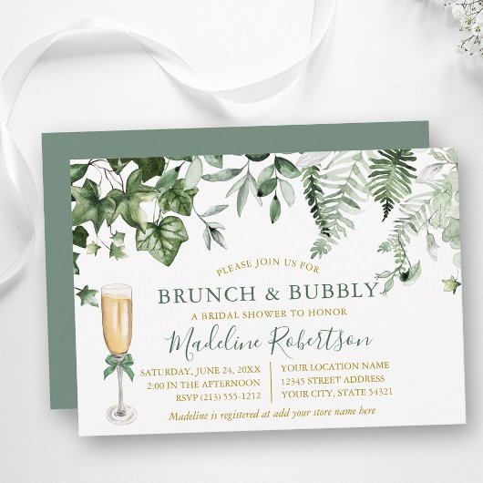 Watercolor Ivy Ferns Sage Green Gold Bridal Brunch Einladung