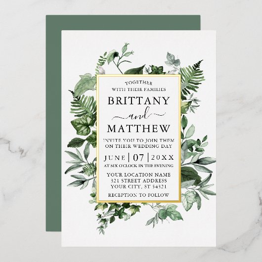 Watercolor Ivy Ferns Sage Green Wedding Gold Folieneinladung (Vorderseite/Rückseite)