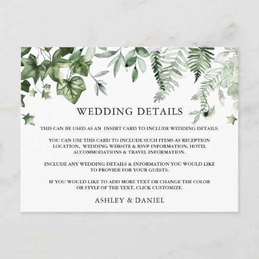 Watercolor Ivy Sage Ferns Wedding Details Card Postkarte (Vorderseite)