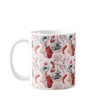 Watercolor Japanerin Pagoda Lotus Koi Fisch