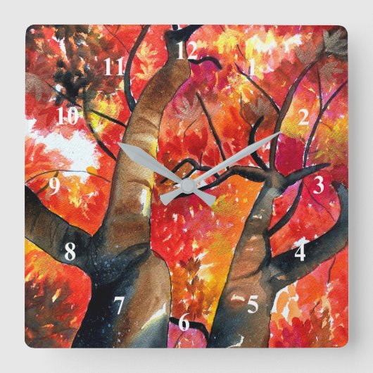 Watercolor Japanese maple tree Quadratische Wanduhr (Vorderseite)