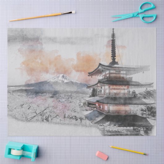 Watercolor Japanese Pagoda & Fuji Seidenpapier (Basteln)