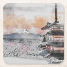 Watercolor Japanese Pagoda & Mount Fuji 
