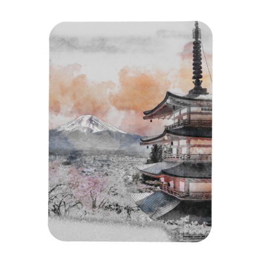 Watercolor Japanese Pagoda & Mt. Fuji Magnet (Vertikal)