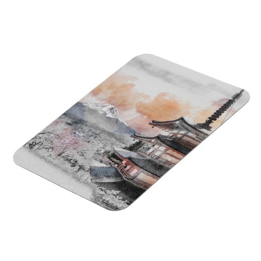 Watercolor Japanese Pagoda & Mt. Fuji Magnet (Linke Seite)