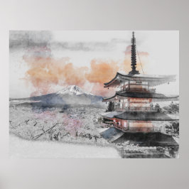 Watercolor Japanese Pagoda & Mt. Fuji  Poster