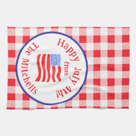 Watercolor July 4th Flag Red Check NAME Geschirrtuch