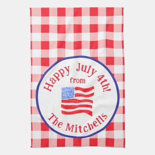 Watercolor July 4th Flag Red Check NAME Geschirrtuch (Vertikal)