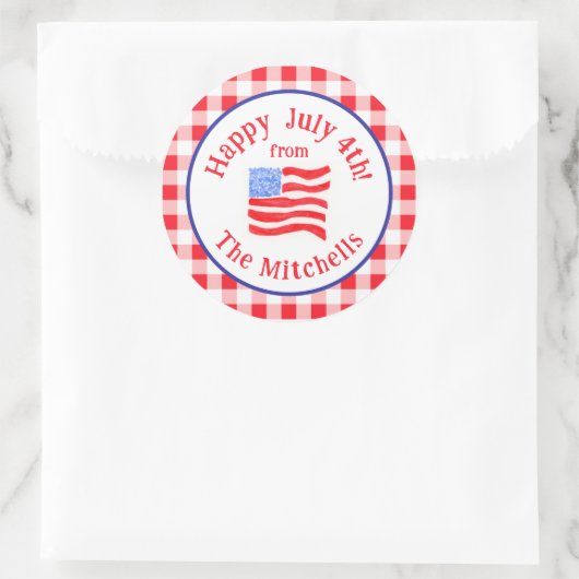 Watercolor July 4th Flag Red Check NAME Runder Aufkleber (Tasche)