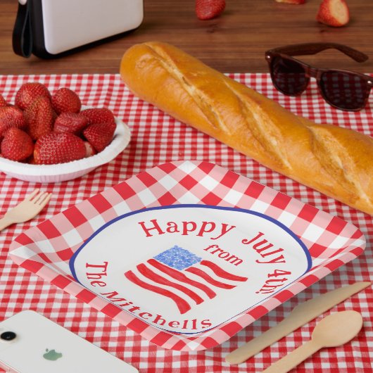 Watercolor July 4th Flag Red Check NAME Square Pappteller (Picknick)