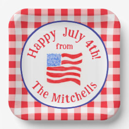 Watercolor July 4th Flag Red Check NAME Square Pappteller