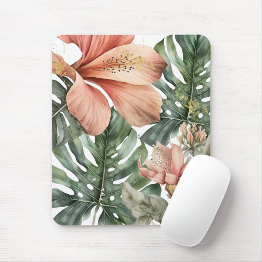 Watercolor Jungle Floral Peach Green Gold Splash Mousepad (Mit Mouse)
