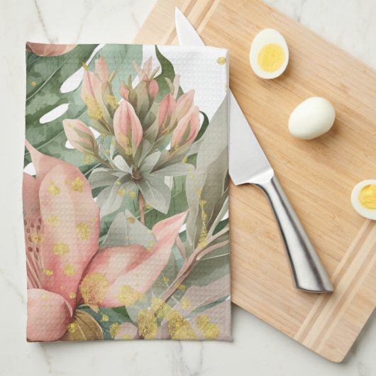 Watercolor Jungle Florals Peach Gold Splash Geschirrtuch (Viertel Falte)