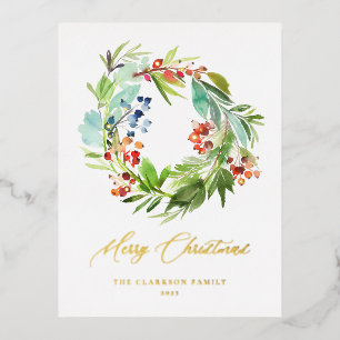 Watercolor Juniper and Holly Wreath Christmas Folien Feiertagspostkarte