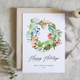 Watercolor Juniper und Holly Wreath Happy Holidays Feiertagskarte